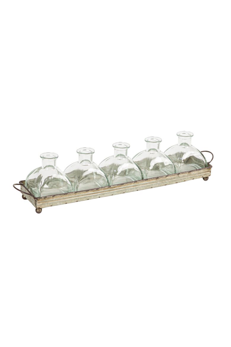 Decorative Rectangular Metal Tray with Handles and 5-Piece Glass Vases, Distressed Grey, Main, color, Grey