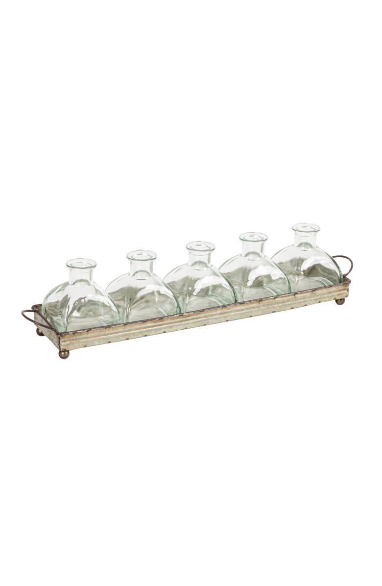 Storied Home Decorative Rectangular Metal Tray with Handles and 5-Piece Glass Vases, Distressed Grey, Main, color, Grey