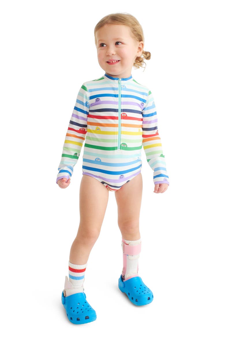 Kids Sesame Street One-Piece Rash Guard, Alternate, color, White Sesame Street Stripes