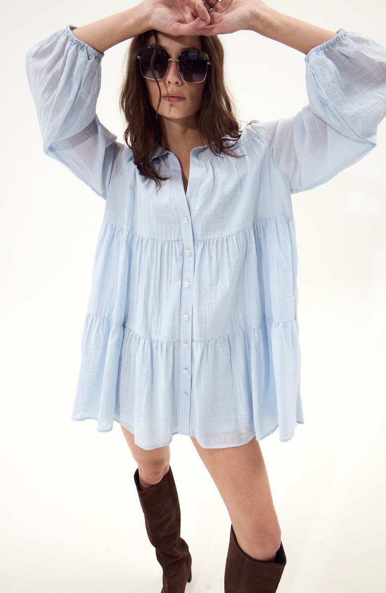 DELUC Gomera Tiered Button-Up Babydoll Minidress, Alternate, color, Light Blue