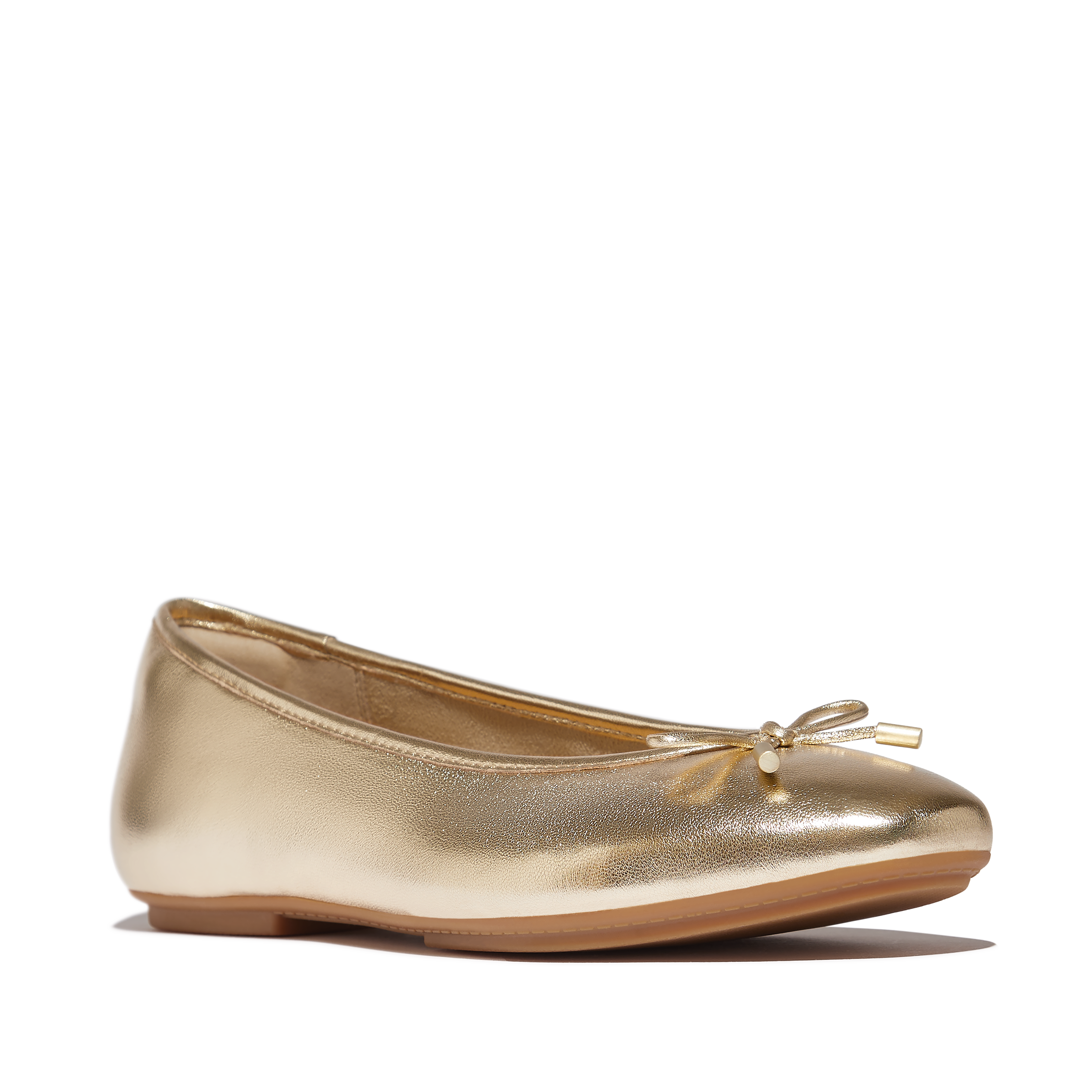 FitFlop Delicato Bow Soft Metallic-Leather Ballet Flats, Main, color, Platino