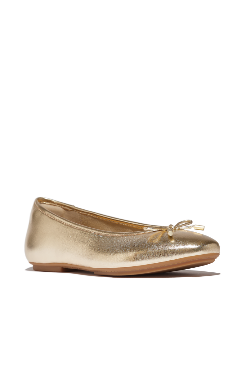 FitFlop Delicato Bow Soft Metallic-Leather Ballet Flats, Main, color, Platino