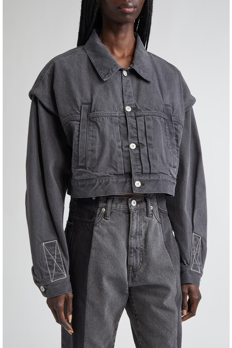 Power Shoulder Denim Crop Jacket, Alternate, color, BLACK