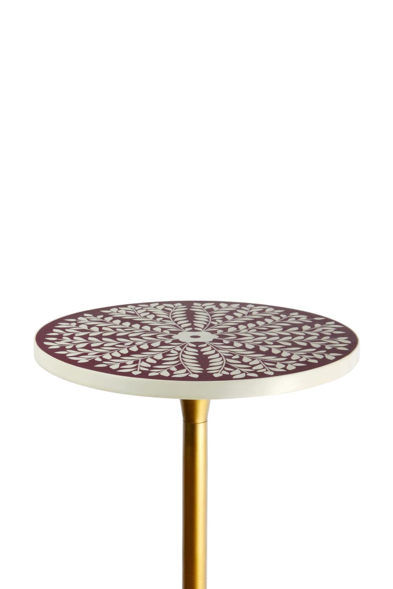 Nysha Bohemian Round Aluminum Tulip Pedestal End Table, Botanical Patterned Top Base - Decorative Accent Drink Side Table, Alternate, color, Purple