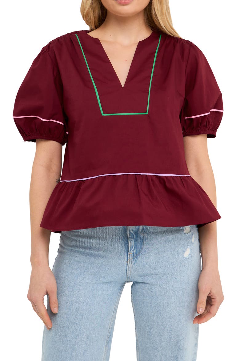 Piping Detail Puff Sleeve Top, Alternate, color, BURGUNDY