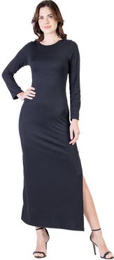 24seven Comfort Apparel Long Sleeve Side Slit Fitted Black Maxi Dress