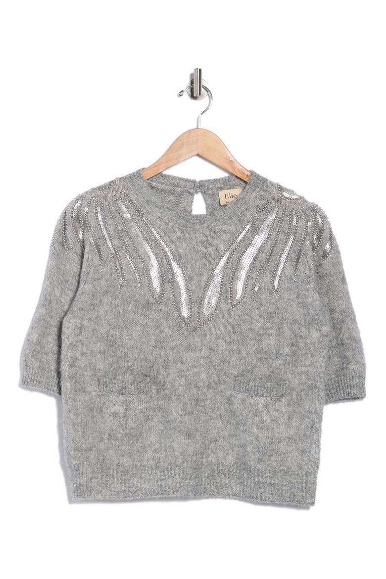 Embellished Short Sleeve Sweater, Alternate, color, LIGHT HEATHER GREY