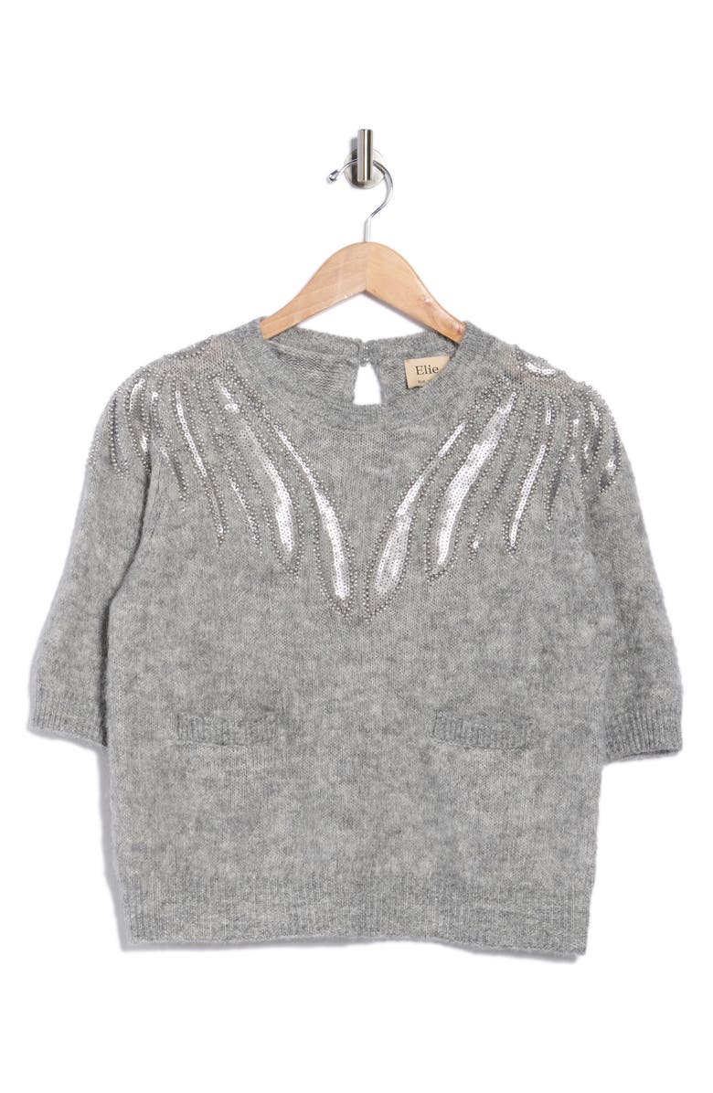 ELIE ELIE TAHARI Embellished Short Sleeve Sweater, Alternate, color, Light Heather Grey