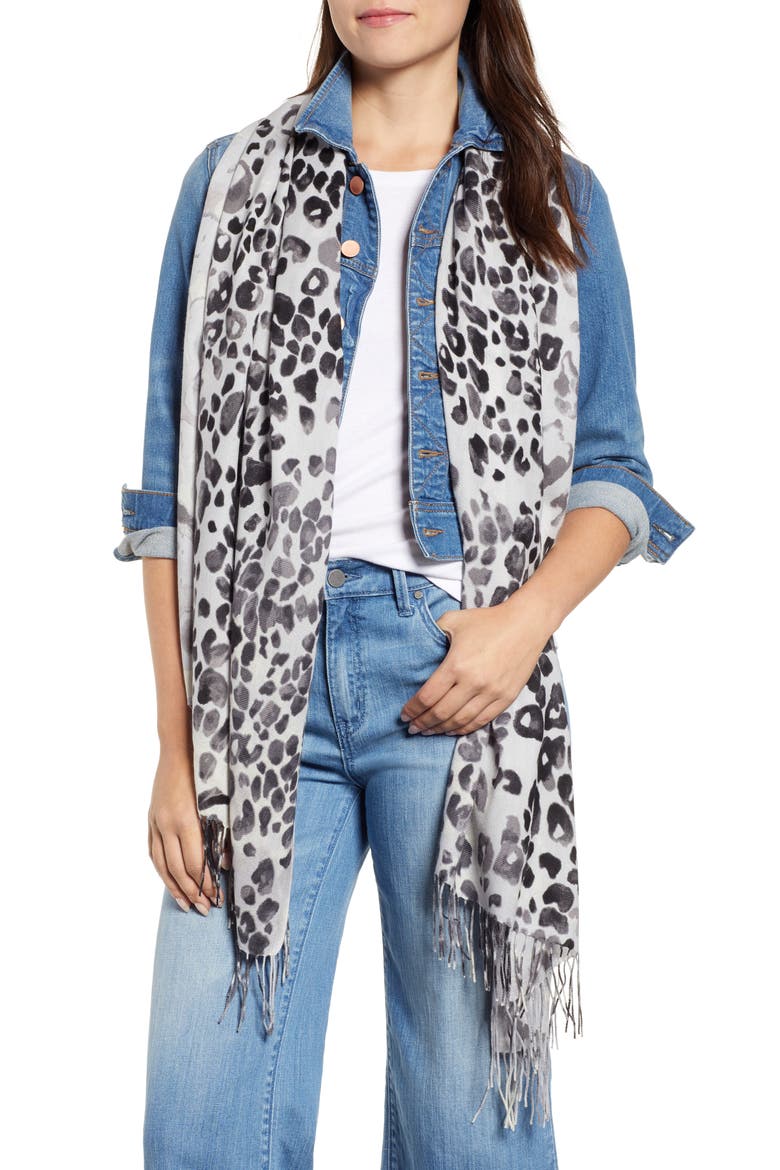 Tissue Print Wool & Cashmere Wrap Scarf, Main, color, BLACK COLOR CAT