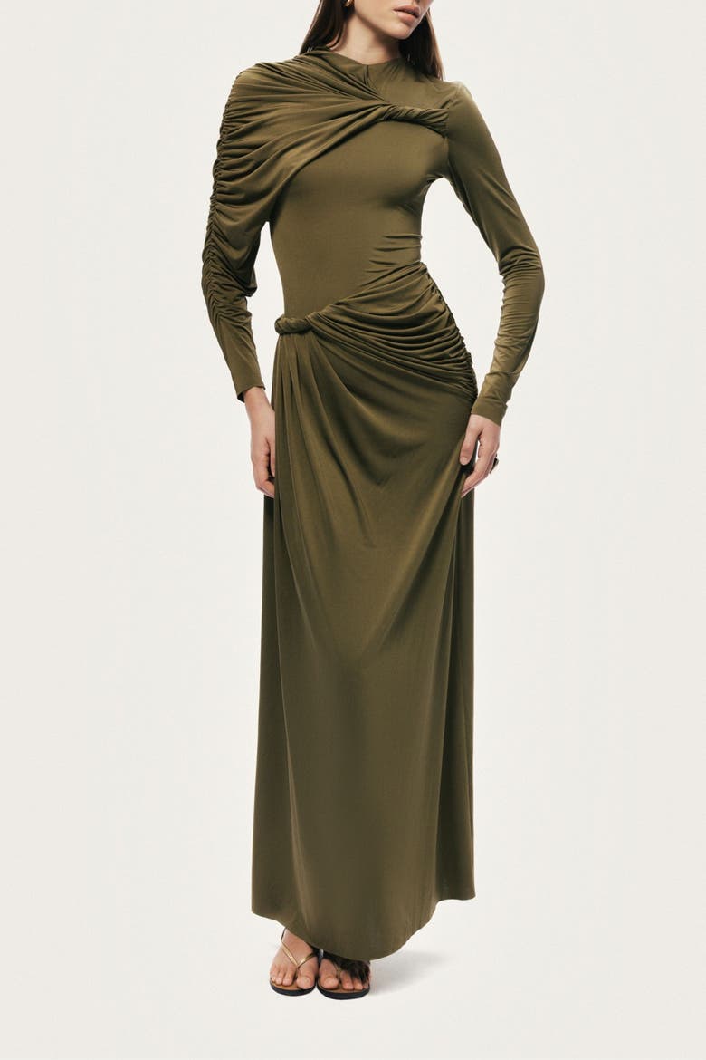 Draped Long Sleeve Maxi Dress, Alternate, color, Olive Green