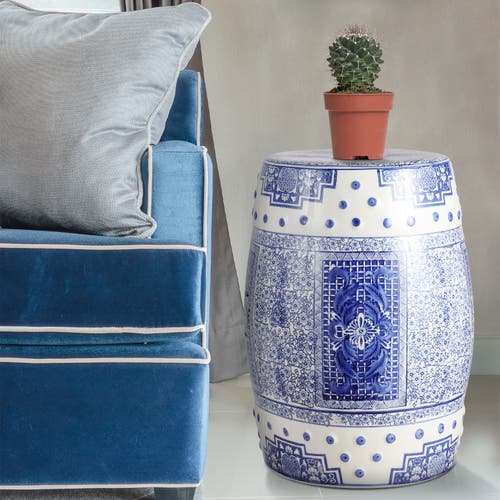 Jonathan Y Acanthus 17.8" Chinoiserie Ceramic Drum Garden Stool In Blue/white