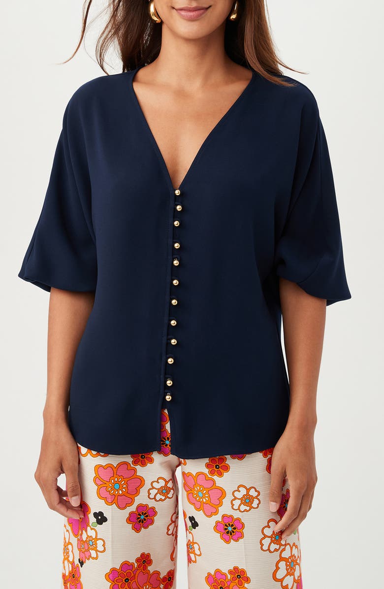 Trina Turk Sail Puff Sleeve Button-Up Top, Main, color, Indigo