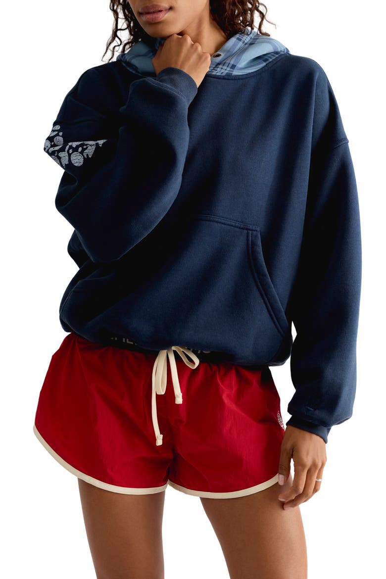 Plaid Hood Pullover Hoodie, Main, color, MIDNIGHT NAVY COMBO