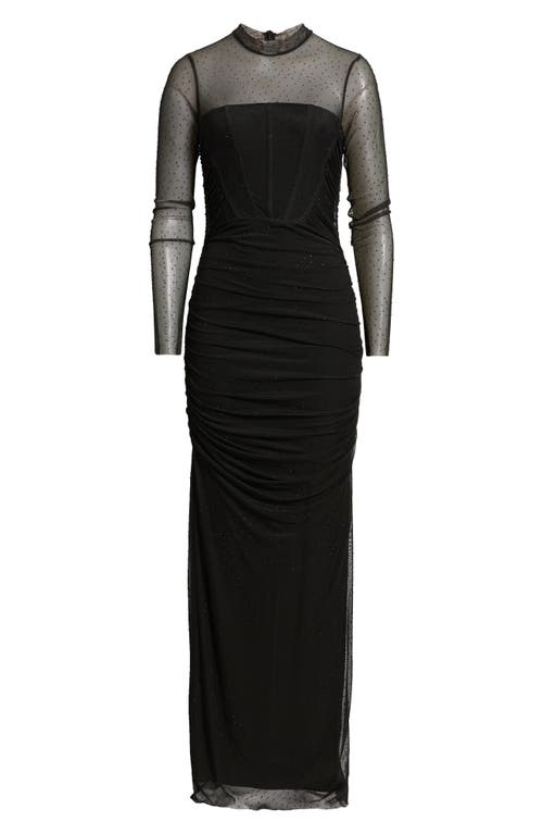 Black Halo Lexington Rhinestone Detail Long Sleeve Mesh Column Gown In Black