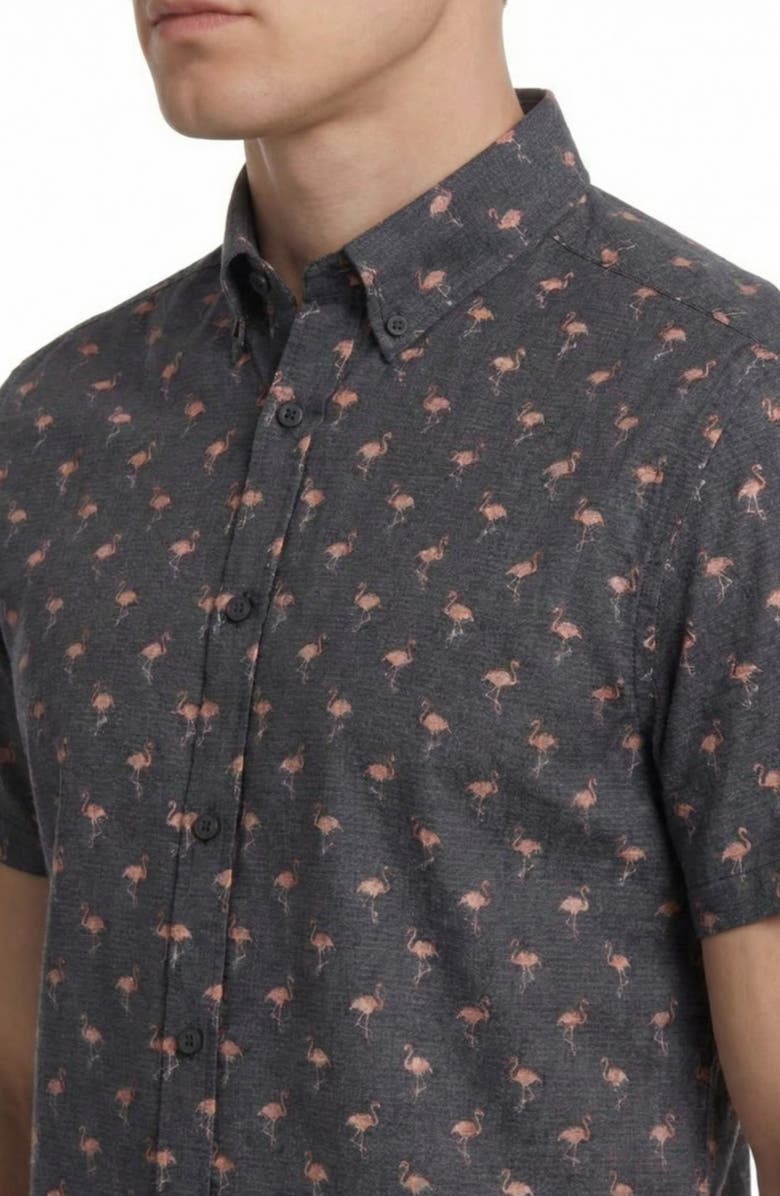 Report Collection Flamingo Print Short Sleeve Seersucker Button-Down Shirt, Alternate, color, Navy