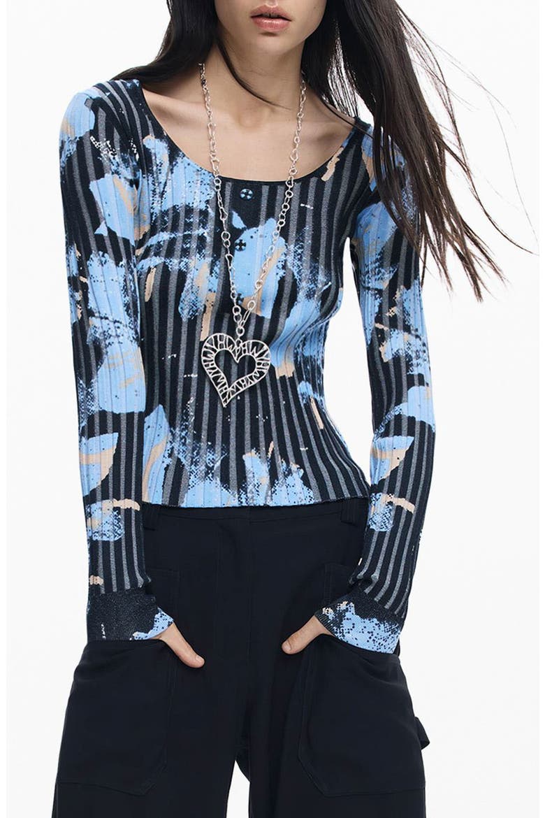 Abstract Print Rib Top, Main, color, BLUE