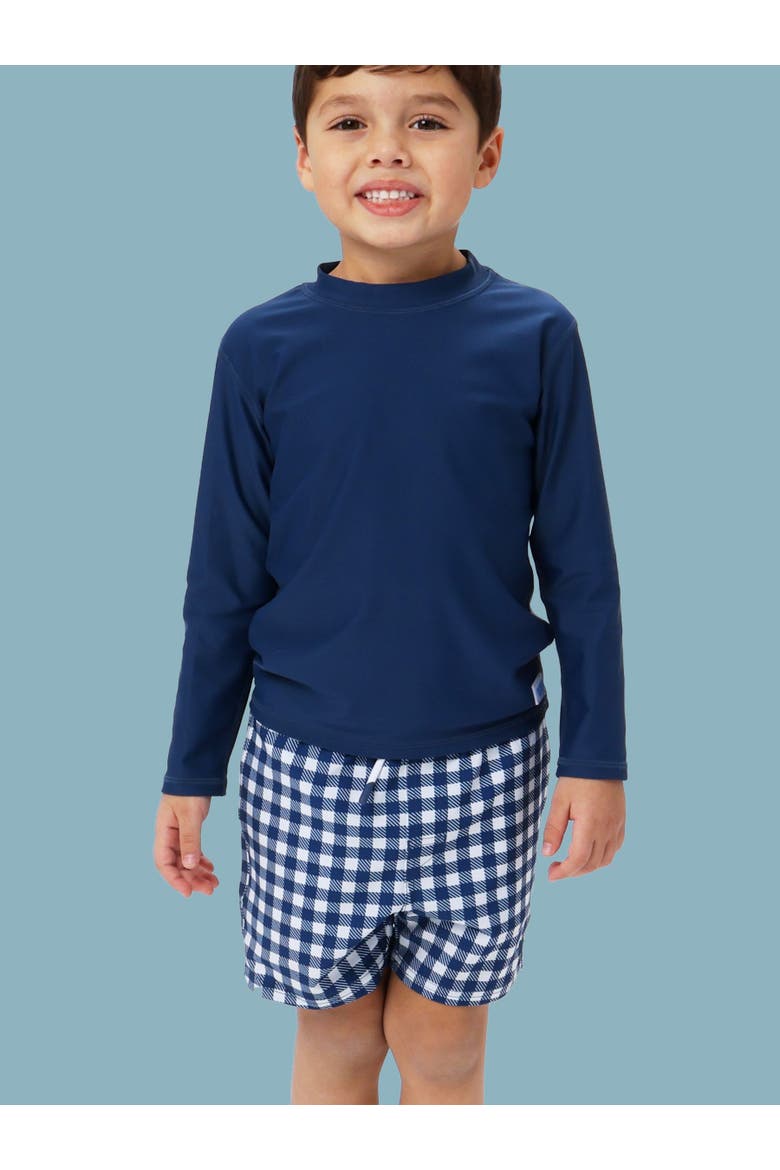 UPF50+ Sun Protected Stretch Swim Trunks, Alternate, color, Navy & White Gingham
