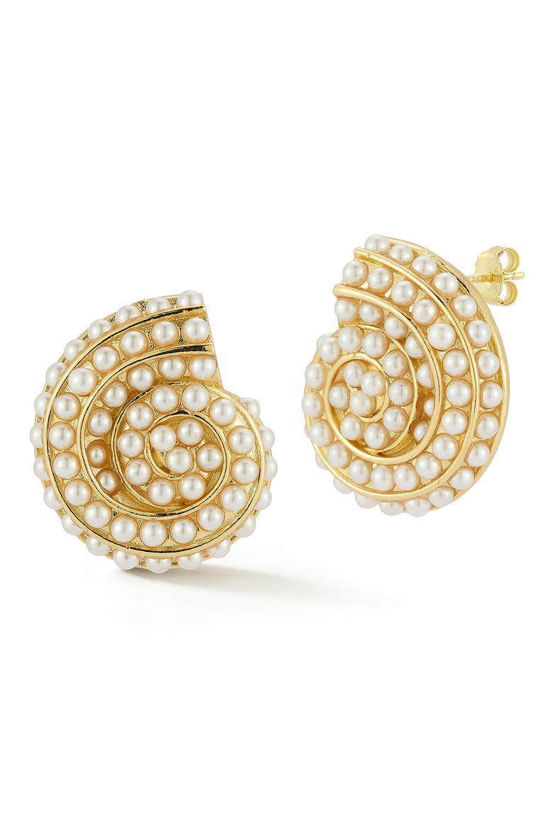 Faux Pearl Shell Stud Earrings, Main, color, GOLD