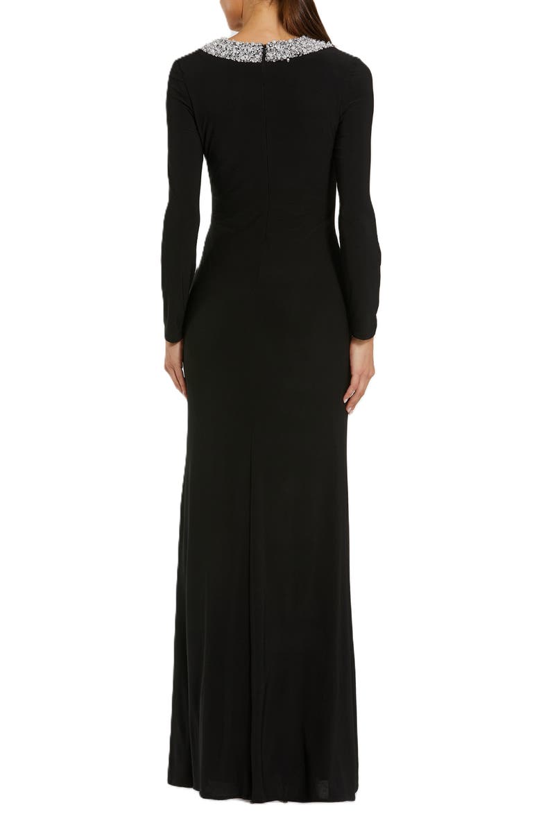 Mac Duggal Jersey Long Sleeve Fitted Gown With Beaded Neck, Alternate, color, Black