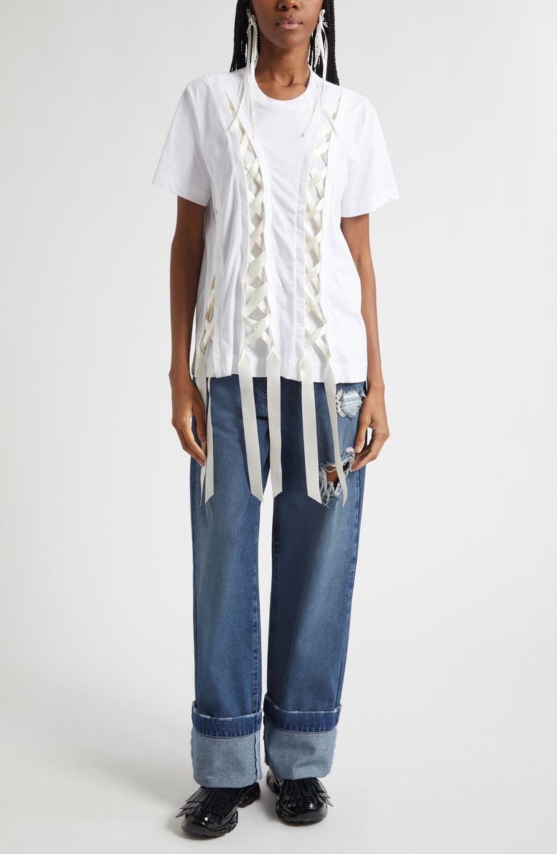 Simone Rocha Unraveling Ribbon Inset T-Shirt, Alternate, color, White