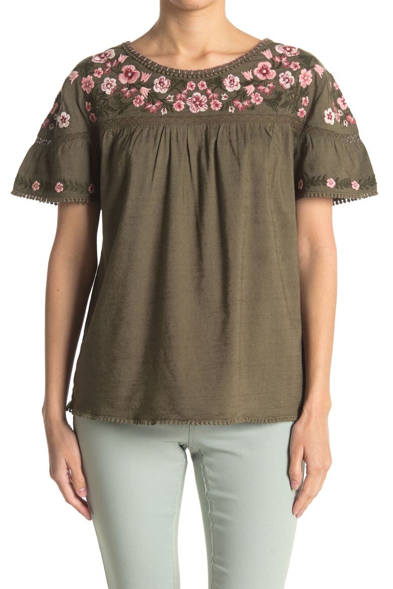 Embroidered Yoke Top, Main, color, OLIVE- PINK FLORAL EMB