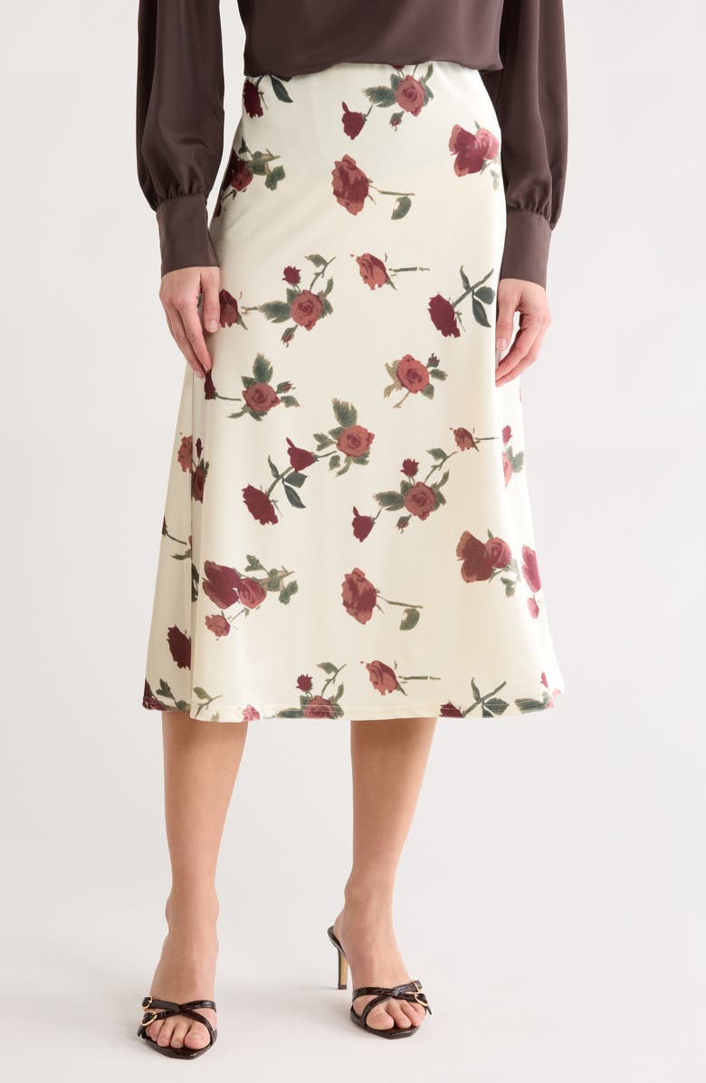 Lucy Paris Adonia Floral Bias Satin Skirt, Main, color, Cream Maroon