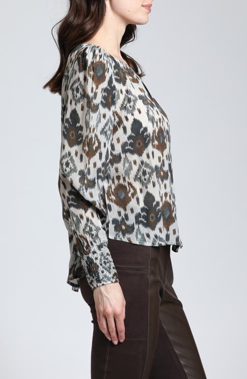Apny Printed Smocked Cuff Top In Brown Multi