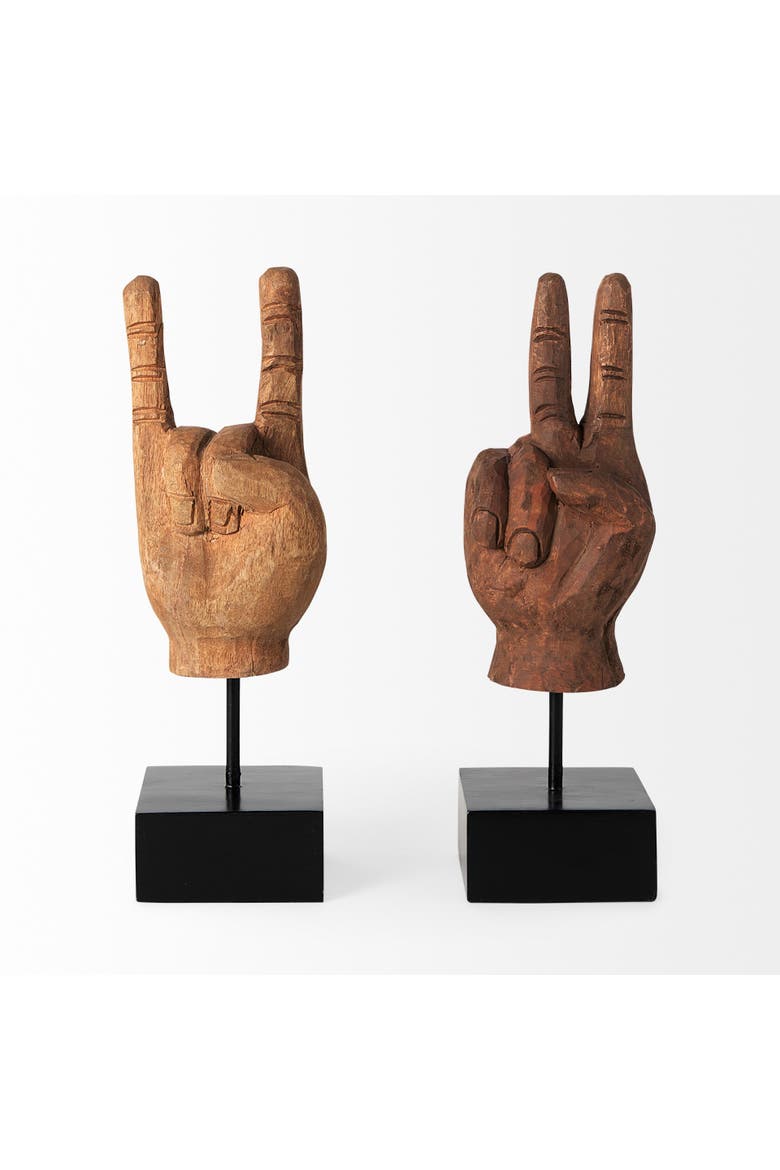 Pacem 4L x 4W Natural Wooden Carved Peace Sign Hand, Alternate, color, Brown