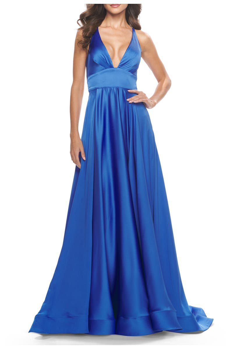 La Femme A-Line Satin Gown with Deep V and Slit, Main, color, Royal Blue