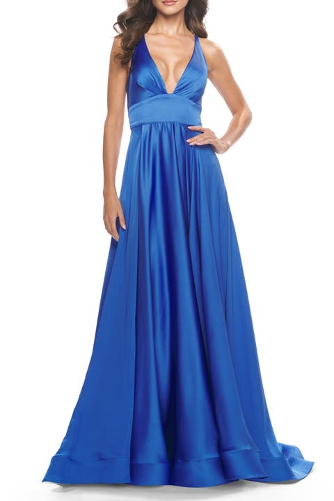 A-Line Satin Gown with Deep V and Slit