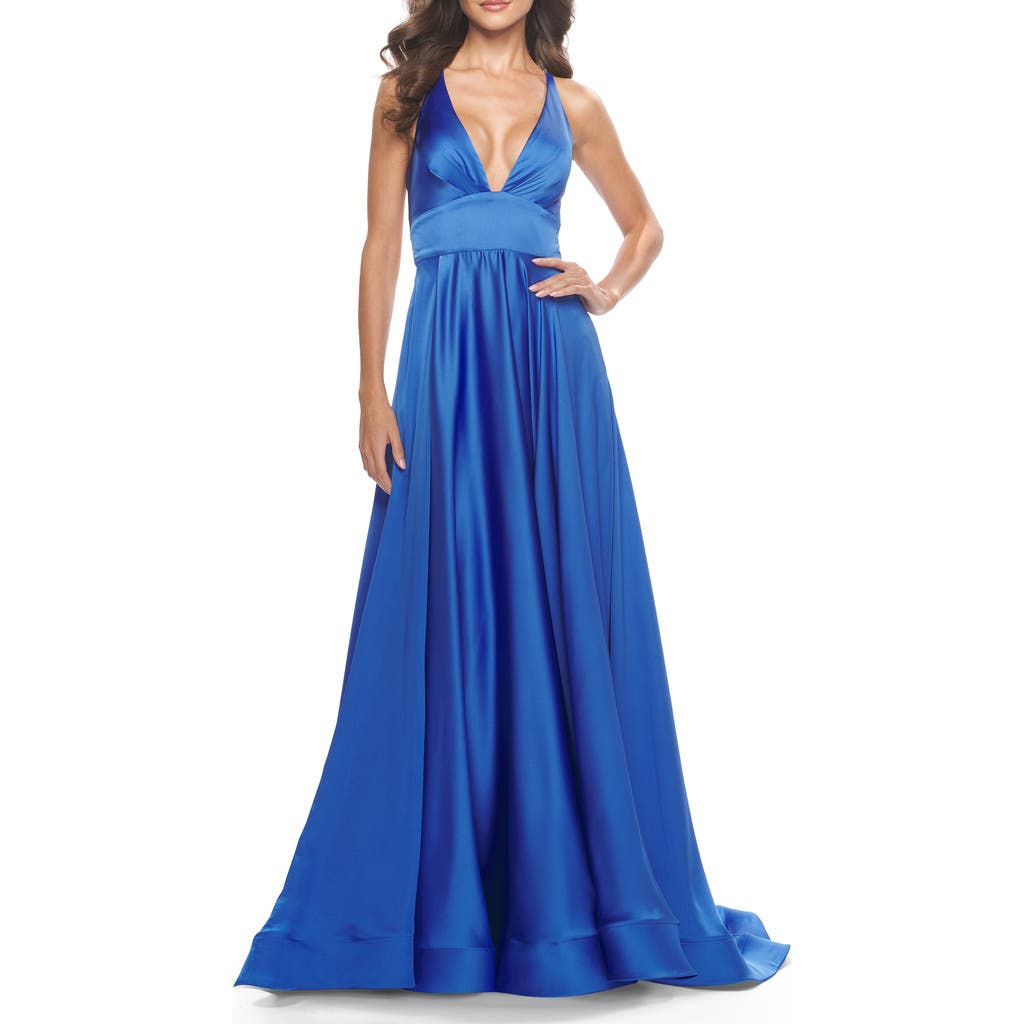 La Femme A-line Satin Gown With Deep V And Slit