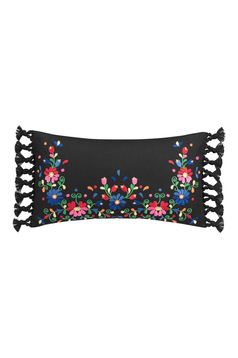 Folk Floral Embroidered Pillow, Alternate, color, BLACK