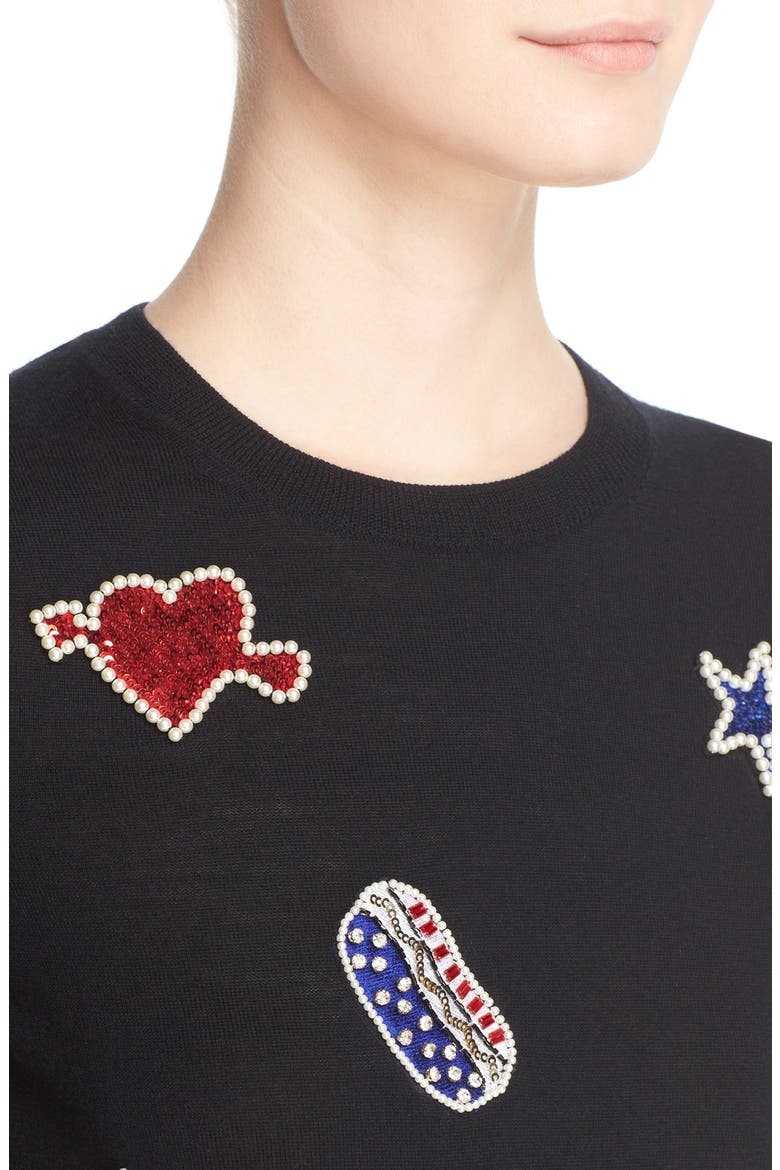 Embroidered Patch Wool Sweater, Alternate, color, BLACK