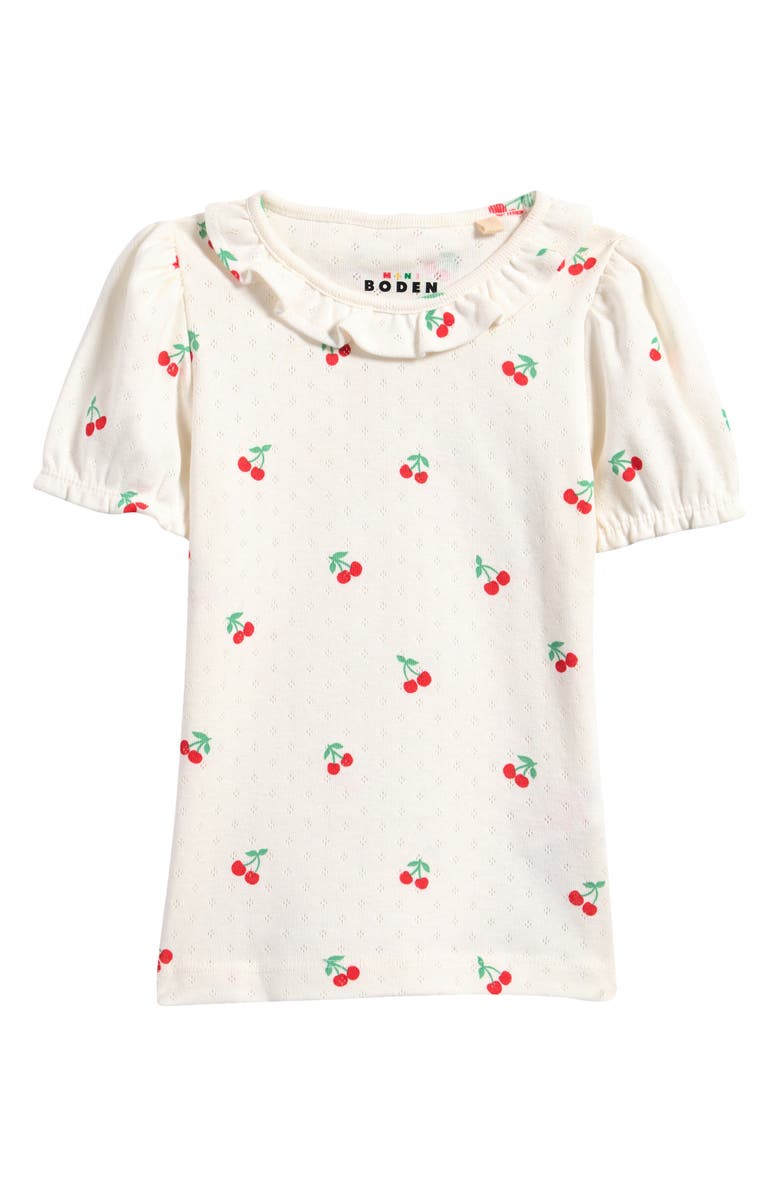 Mini Boden Kids' Ruffle Pointelle Top, Main, color, Ivory Cherries
