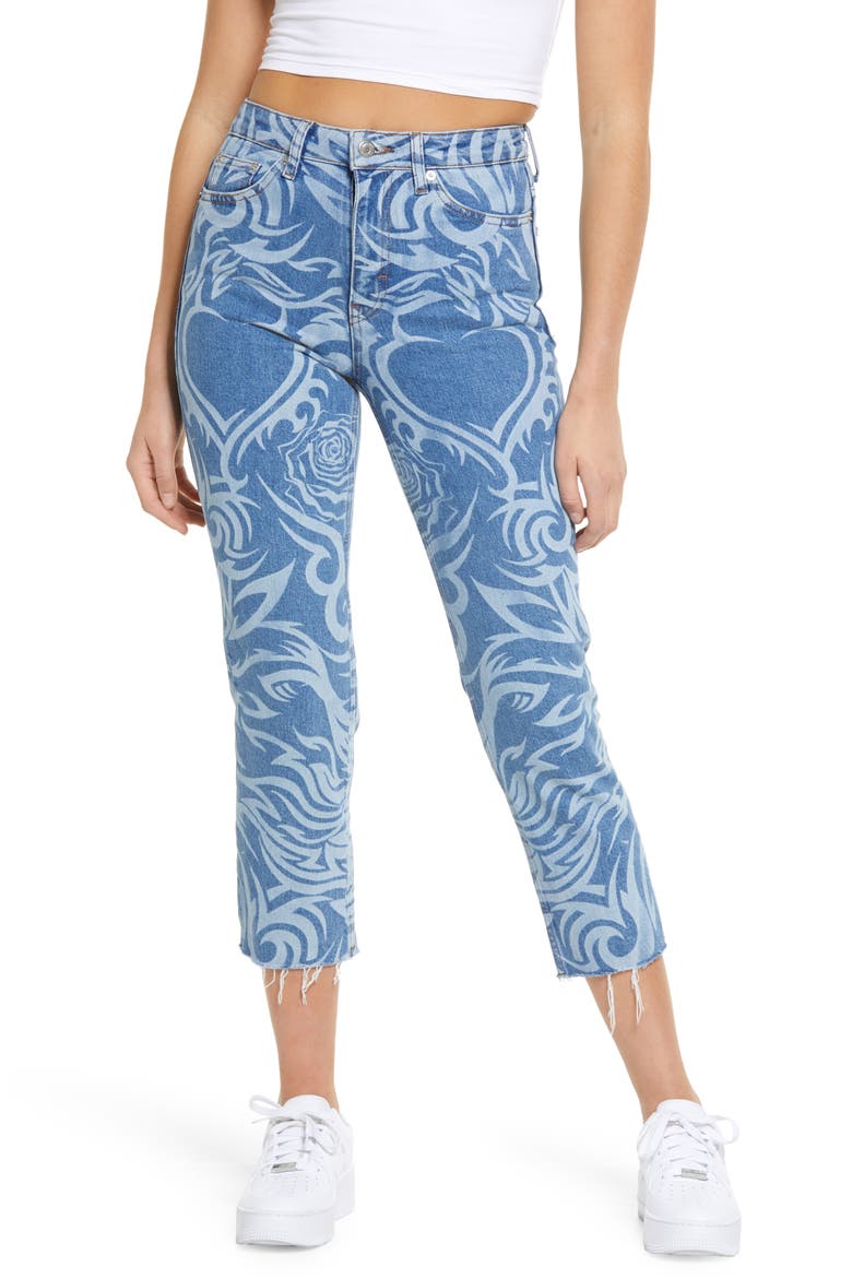 Laser Print Raw Hem High Waist Crop Straight Leg Jeans, Main, color, MID BLUE