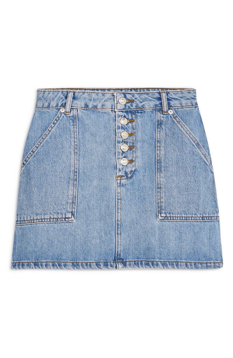 Topshop Button Fly Denim A-Line Miniskirt, Alternate, color,