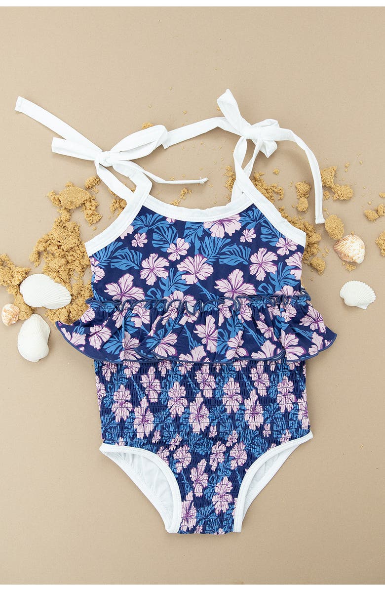 Charlie Lou Baby<sup>®</sup> Twilight Blossoms Smocked One Peice Swimsuit, Main, color, Blue And Pink
