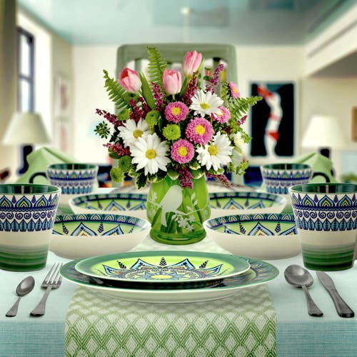 Elama Zen Mozaik 16pc 3-tier Stoneware Dinnerware Set In Green