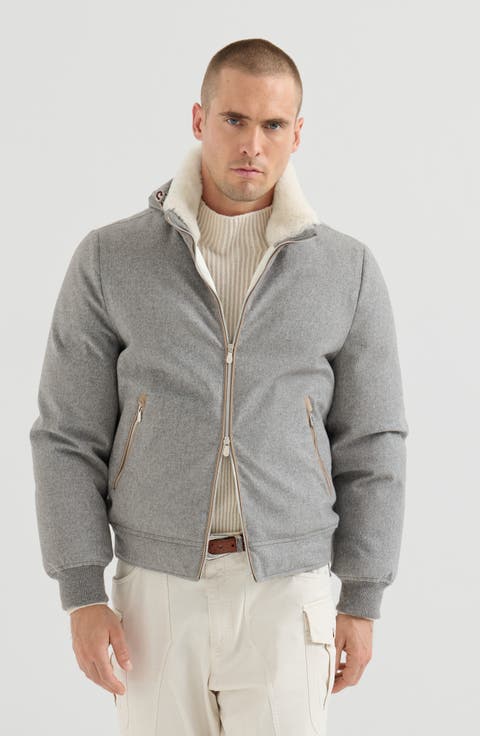 Bonded wool flannel down jacket with detachable hood