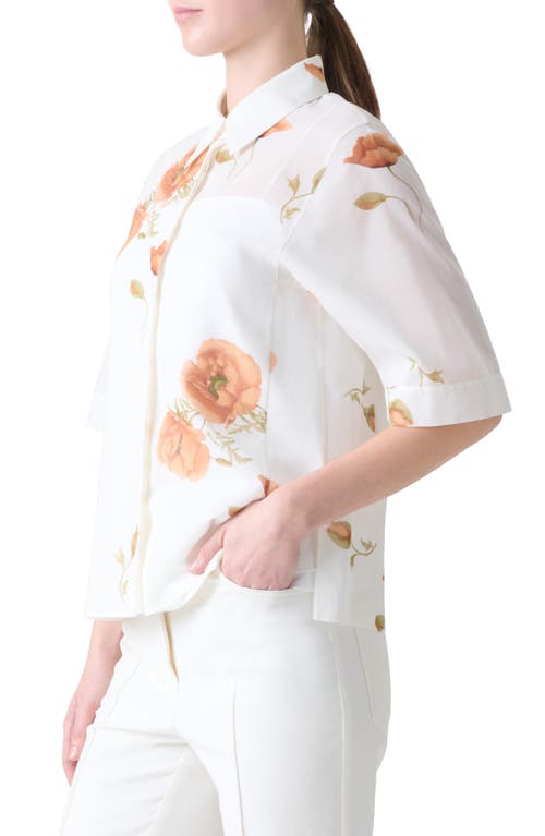 Akris Poppy Print Short Sleeve Button-up Shirt