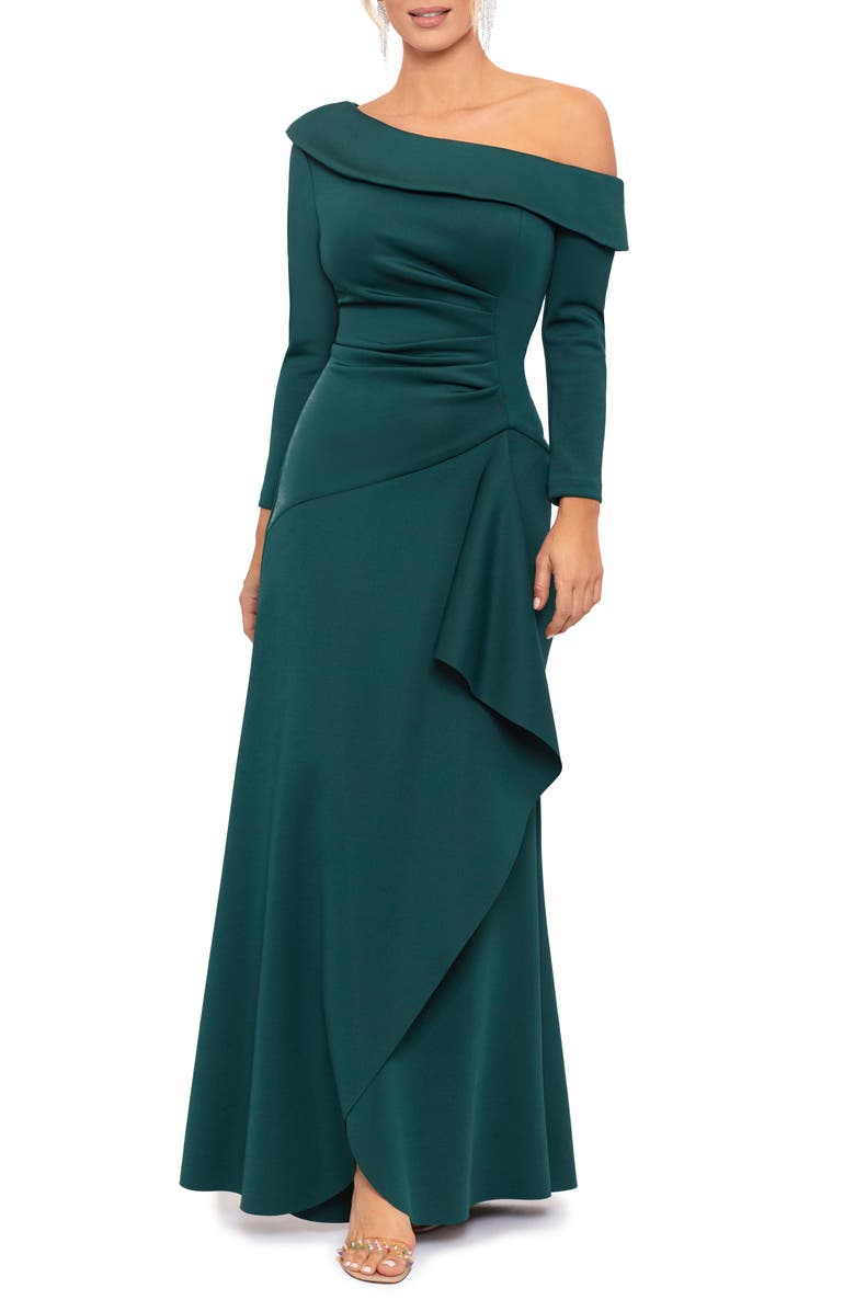 Xscape Evenings One-Shoulder Long Sleeve Scuba Crepe Gown, Main, color, 