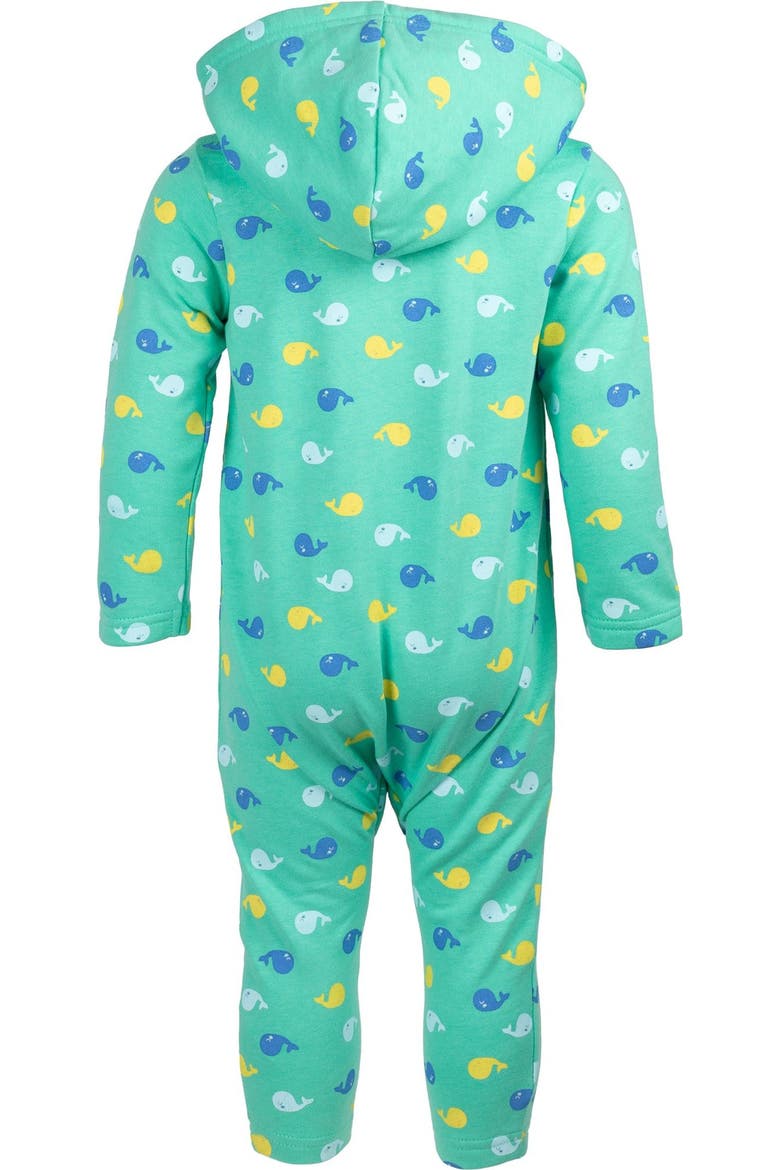 Fleece Hooded One-Piece Outfit, Alternate, color, Teal Whale Print