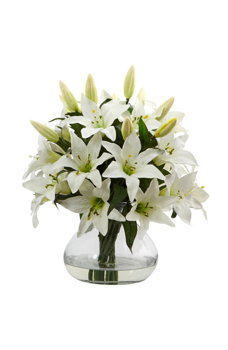 NEARLY NATURAL 16-in Lily Artificial Arrangement with Glass Vase, Main, color, White