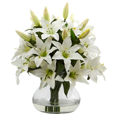 16-in Lily Artificial Arrangement with Glass Vase