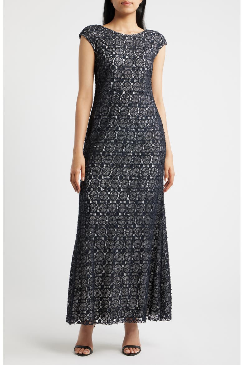 Crochet Bateau Neck A-line Gown, Main, color, BLACK 001
