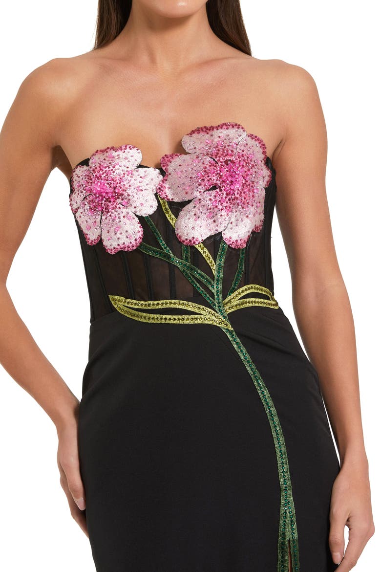 Strapless Sheer Bustier Crystal Flower Gown, Alternate, color, Black