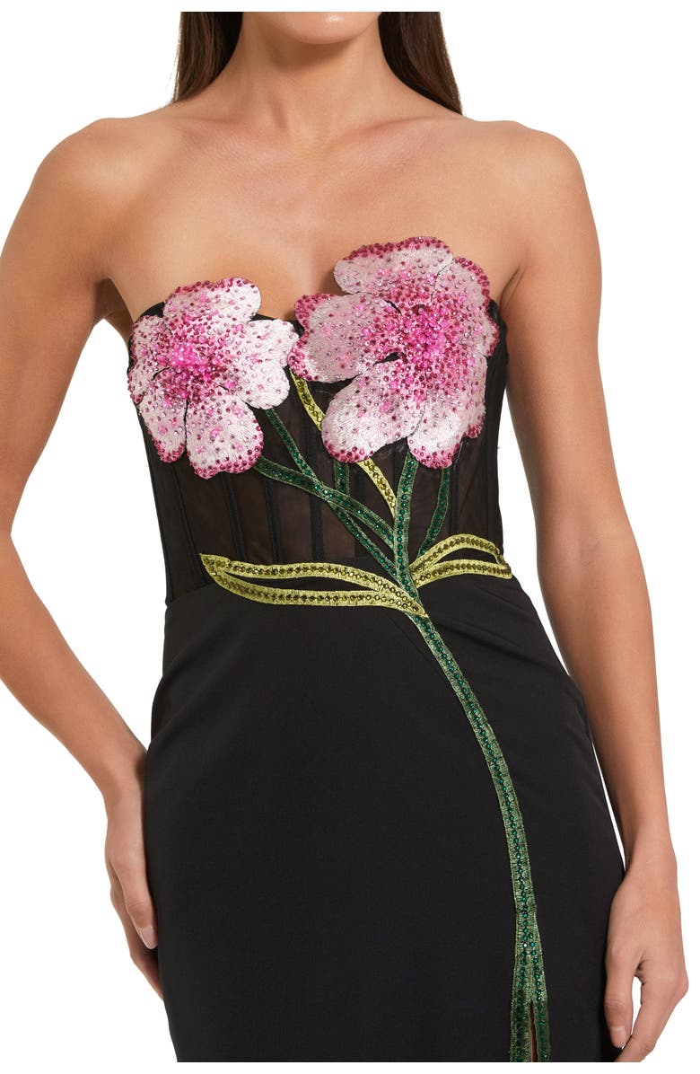 Mac Duggal Strapless Sheer Bustier Crystal Flower Gown, Alternate, color, Black