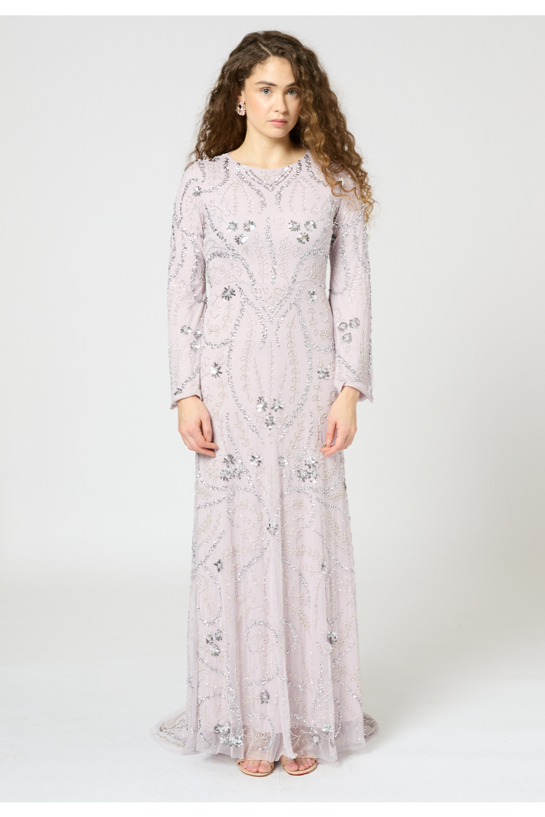 Occasion Modest Embellished Sequin Beaded Floral Evening Dress, Main, color, LILAC