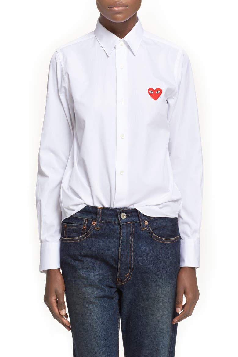 Comme des Garçons Heart Graphic Woven Cotton Shirt, Main, color, WHITE