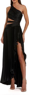 Mac Duggal One Shoulder Pleated Cut-Out Charmeuse Gown